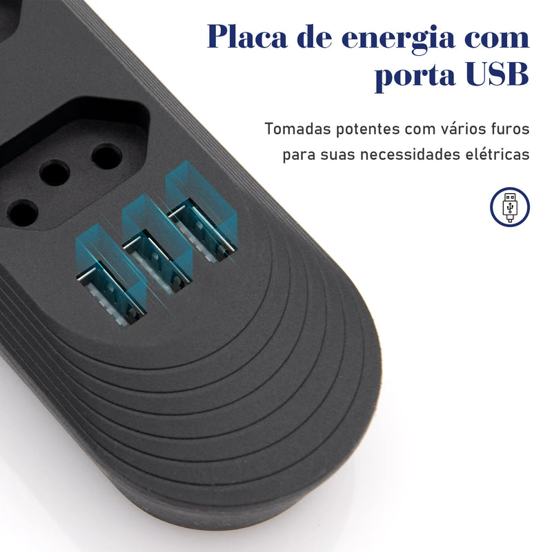 Filtro de energia, 4 extensões de plugue, cabo de extensão de 2 m, 3 portas de carregamento USB, 2500 W