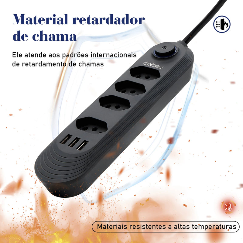 Filtro de energia, 4 extensões de plugue, cabo de extensão de 2 m, 3 portas de carregamento USB, 2500 W