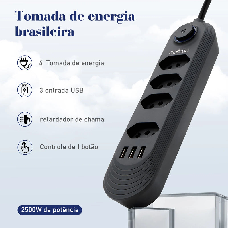 Filtro de energia, 4 extensões de plugue, cabo de extensão de 2 m, 3 portas de carregamento USB, 2500 W