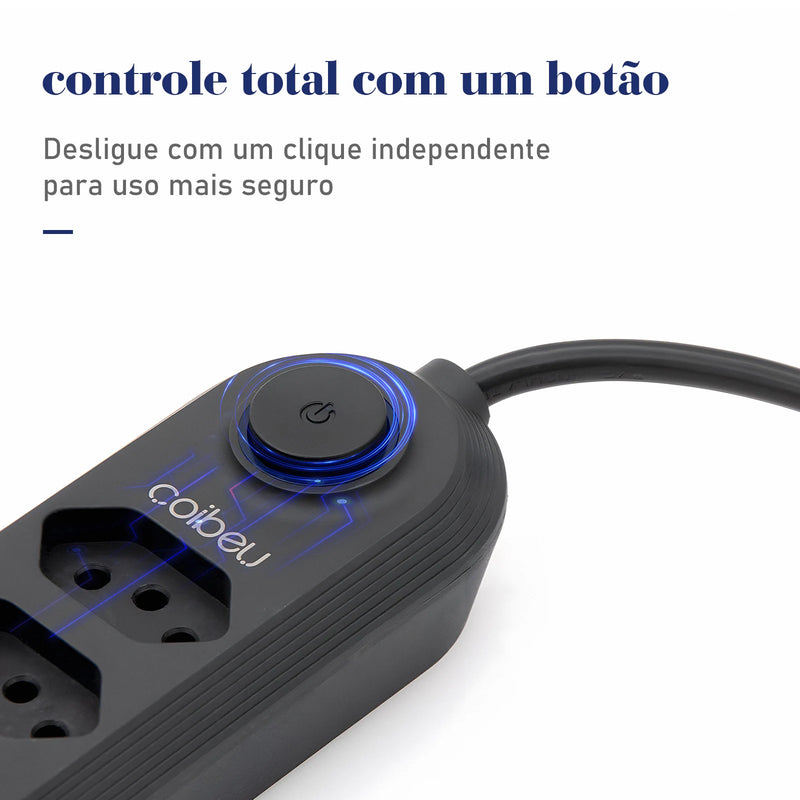 Filtro de energia, 4 extensões de plugue, cabo de extensão de 2 m, 3 portas de carregamento USB, 2500 W