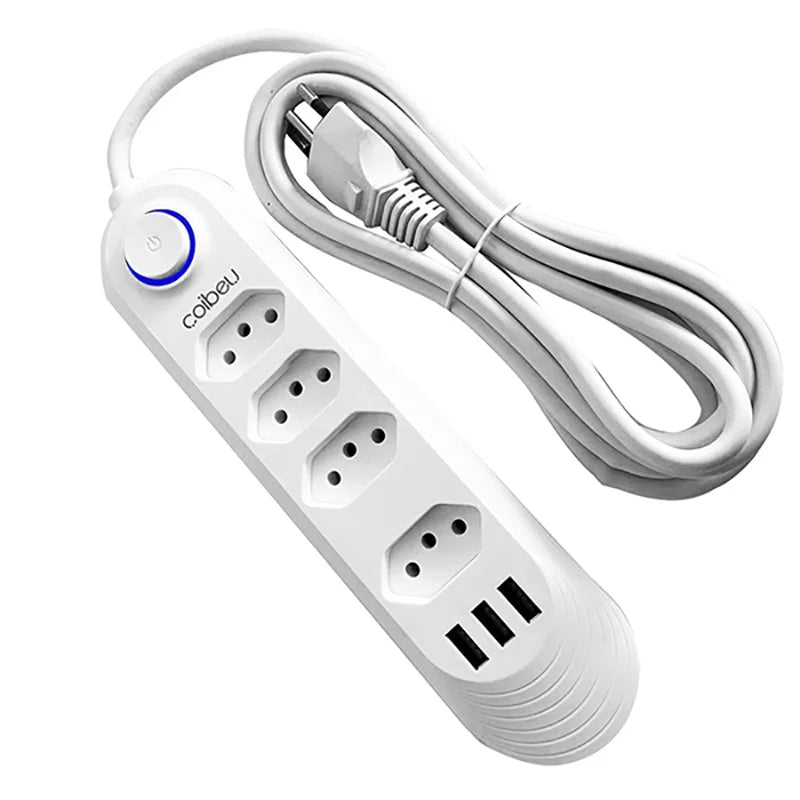Filtro de energia, 4 extensões de plugue, cabo de extensão de 2 m, 3 portas de carregamento USB, 2500 W