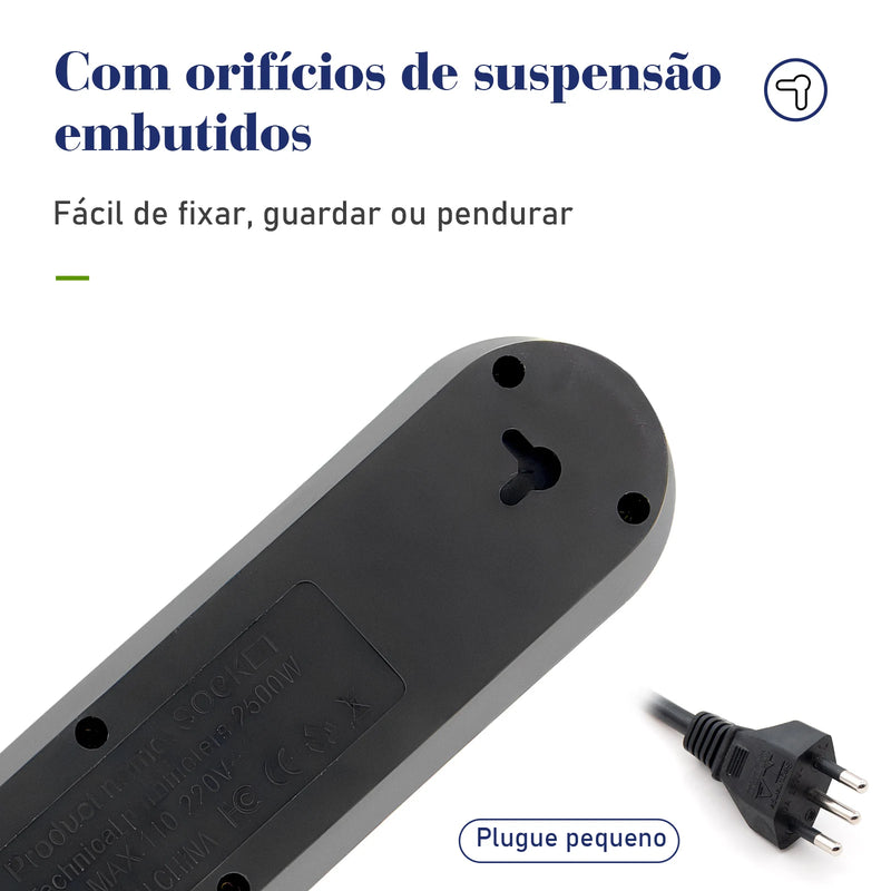 Filtro de energia, 4 extensões de plugue, cabo de extensão de 2 m, 3 portas de carregamento USB, 2500 W