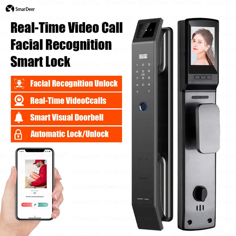Fechadura inteligente SmaerDeer com câmera, reconhecimento facial 3D, fechadura eletrônica com campainha visual para vigilância por vídeo