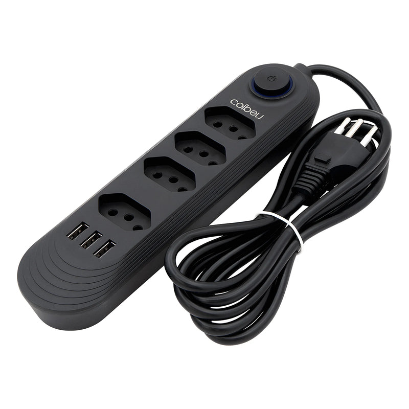 Filtro de energia, 4 extensões de plugue, cabo de extensão de 2 m, 3 portas de carregamento USB, 2500 W